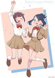 Rule 34 | 2girls, ann (pokemon), black hair, blue eyes, blue hair, blush, bow, brown hair, brown skirt, cowlick, creatures (company), eyelashes, game freak, hair ornament, hairclip, highres, jacket, liko (pokemon), multicolored hair, multiple girls, nintendo, oka 3776, open clothes, open mouth, pokemon, pokemon (anime), pokemon horizons, shirt, short hair, skirt, smile, white shirt