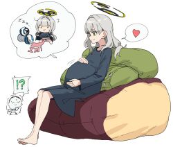 1boy 1girl barefoot black_dress blue_archive blunt_bangs commentary_request doodle_sensei_(blue_archive) dress drone grey_hair hair_down halo hand_on_own_stomach hare_(blue_archive) hare_(pajamas)_(blue_archive) highres long_hair long_sleeves momomatang panties sensei_(blue_archive) sitting underwear white_background white_panties yellow_eyes