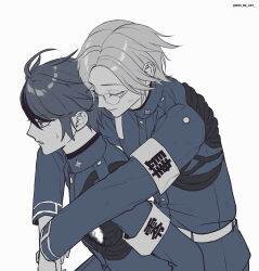 2boys aotsuki_eito armband belt carrying closed_eyes gakuran glasses highres hole_in_chest hole_on_body last_defense_academy_school_uniform limited_palette looking_ahead male_focus mini_(mini_ma_list) multicolored_hair multiple_boys piggyback school_uniform short_hair simple_background streaked_hair sumino_takumi sweatdrop the_hundred_line_-last_defense_academy- white_background