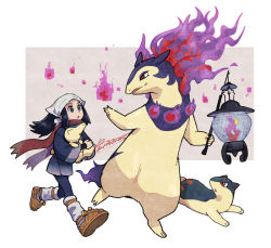 1girl akari_(pokemon) border brown_footwear commentary_request creatures_(company) cyndaquil evolutionary_line fire floating_hair game_freak gen_2_pokemon grey_jacket grey_skirt headscarf hisuian_typhlosion holding holding_pokemon jacket lantern long_hair loose_socks nintendo pantyhose pokemon pokemon_(creature) pokemon_legends:_arceus ponytail purple_fire quilava red_scarf sagemaru-br scarf shoes sidelocks skirt socks twitter_username white_border white_headscarf white_headwear