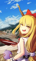Rule 34 | 1girl, absurdres, alcohol, blonde hair, blouse, bow, cloud, cloudy sky, eyes visible through hair, fang, gensokyo, gourd, hair bow, highres, horns, ibuki suika, long hair, looking at viewer, low-tied long hair, mo mo kaze, mountain, oni, oni horns, red bow, sake, shirt, sidelocks, sky, sleeveless, sleeveless shirt, smile, solo, touhou, very long hair, white shirt, wrist cuffs