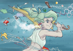 Rule 34 | 1girl, aqua hair, banana peel, blue background, bottle cap, breathing, can, can pull tab, capoeira66, cigarette butt, clothes hanger, clothes pin, crop top, disposale fork, dressed in trash, drink can, drinking straw, fish hook, fishing line, fishing net, gills, grey eyes, holding, holding umbrella, kimetsu no yaiba, long hair, mahjong, mahjong tile, mask, mermaid, monster girl, mouth mask, photo (object), plastic bottle, portrait (object), simple background, six-pack rings, soda can, solo, steaming body, surgical mask, tank top, textless version, the little trashmaid, tidy (the little trashmaid), toothbrush, toothpaste, trash, umbrella, v-shaped eyebrows, white tank top, yellow umbrella