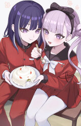 1boy 1girl :i bench black_bow black_hairband black_sailor_collar blunt_bangs blush bow bowtie brother_and_sister closed_mouth commentary_request double_bun ear_piercing eating flower_symbol food food_on_face grey_hair grey_streaks hair_bun hairband highres holding holding_plate holding_spoon long_hair long_sleeves multicolored_hair on_bench open_mouth pants pantyhose piercing plate pleated_skirt purple_eyes purple_hair red_pants red_serafuku red_shirt red_skirt ringed_eyes sailor_collar school_uniform serafuku shirt short_hair siblings sitting skirt spoon streaked_hair teeth the_hundred_line_-last_defense_academy- tsukumo_ima tsukumo_kako twintails two-tone_hair upper_teeth_only ura_(hamburg_oniku) white_bow white_bowtie white_pantyhose