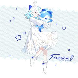 Rule 34 | 1girl, ^ ^, ahoge, animal, animal hug, artist name, blue bow, blue hair, blush, bow, character name, circle, closed eyes, closed mouth, commentary request, dress, eyelashes, food, frilled dress, frilled shirt collar, frilled sleeves, frills, furina (genshin impact), genshin impact, grey background, hair between eyes, hair bow, hair intakes, happy, highres, ice cream, ice cream cone, long sleeves, medium hair, multicolored hair, parted bangs, rj (lingshih10), sidelocks, simple background, smile, socks, solo, star (symbol), streaked hair, striped background, surintendante chevalmarin, swept bangs, twitter username, white background, white dress, white hair, white socks, wide sleeves