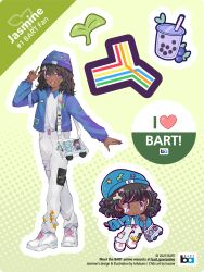 1girl artist_name artist_request bag bay_area_rapid_transit beanie black_hair blue_hat blue_jacket bubble_tea character_name check_artist chibi dark-skinned_female dark_skin dated english_text full_body green_background handbag hat highres jacket jasmine_(bart) kaiami long_sleeves looking_at_viewer medium_hair multiple_views pants purple_eyes shirt shoes smile tofuubuns v white_bag white_pants white_shirt white_shoes