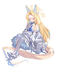 Rule 34 | 1girl, absurdres, animal ear fluff, animal ears, blonde hair, blue archive, book, breasts, commentary, cross halo, detached sleeves, dress, ear wreath, extra ears, flower wreath, forehead, fox ears, fox girl, gradient eyes, halo, high heels, highres, holding, holding book, looking at viewer, multicolored eyes, ne.corn, pantyhose, pinstripe pantyhose, seia (blue archive), sideboob, sitting, sleeve bow, sleeves past fingers, sleeves past wrists, small breasts, solo, striped clothes, striped pantyhose, vertical-striped clothes, vertical-striped pantyhose, white dress, yellow eyes, yellow halo