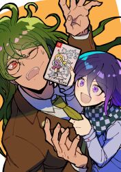 2boys :d akamatsu_kaede black_hair character_request checkered_clothes checkered_scarf collared_shirt d; danganronpa:_trigger_happy_havoc danganronpa_(series) danganronpa_v3:_killing_harmony glasses gokuhara_gonta green_hair hair_between_eyes highres holding_game_cartridge jacket long_hair long_sleeves male_focus messy_hair monokuma monomi_(danganronpa) multiple_boys necktie oma_kokichi one_eye_closed open_mouth pink_eyes round_eyewear saihara_shuichi scarf shirt short_hair smile teeth translation_request upper_teeth_only yamada_hifumi youko-shima