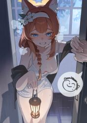 1boy 1girl absurdres animal_ear_fluff animal_ears bare_shoulders black_shawl blue_archive blue_eyes blush bodysuit braid breasts breath doodle_sensei_(blue_archive) door double-parted_bangs dress flower flower_head hair_over_shoulder halo hand_on_another&#039;s_hand headband highres holding holding_lantern lantern long_hair looking_at_viewer low-tied_medium_hair mari_(blue_archive) medium_breasts night no_bra open_mouth orange_hair ribbed_bodysuit romper roo_boo sensei_(blue_archive) shawl short_jumpsuit single_braid sleepwear smile spaghetti_strap standing sweat thigh_gap thighs white_dress white_mouth white_romper window yellow_halo