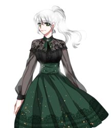 1girl 6v9hix breasts green_hair huge_breasts long_hair long_skirt long_sleeves mabinogi pihne see-through_clothes see-through_sleeves simple_background skirt white_hair