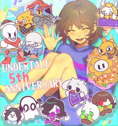 3girls 3others 5boys :d \||/ ^_^ absurdres aegyo_sal alphys anniversary aqua_background asgore_dreemurr asriel_dreemurr bare_legs barefoot blue_shorts blue_sweater bob_cut bouquet brothers brown_hair chara_(undertale) chibi chibi_inset chromatic_aberration closed_eyes colored_skin commentary_request confetti copyright_name cousins elbow_carry facing_viewer father_and_son flower flowey_(undertale) food frisk_(undertale) grin hair_between_eyes hand_up headphones heart highres holding holding_bouquet holding_microphone knees_up leaf looking_at_viewer lower_teeth_only mettaton mettaton_ex microphone monster_kid_(undertale) mother_and_son multiple_boys multiple_girls multiple_others napstablook open_mouth outline papyrus_(undertale) pasta plate purple_sweater sans_(undertale) se_(hanahide) short_hair shorts siblings simple_background skeleton smile solo_focus spaghetti sparkle striped_clothes striped_sweater sweat sweater teeth temmie tongue toriel two-tone_sweater undertale undyne waving white_outline yellow_flower yellow_skin