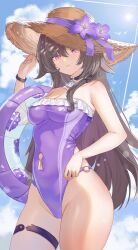 1girl absurdres alternate_costume ascot bare_shoulders blue_sky breasts brown_hair casual_one-piece_swimsuit cleavage closed_mouth clothing_cutout collarbone commentary cowboy_shot day english_commentary flower frilled_one-piece_swimsuit frills groin hat hat_flower herta_(honkai:_star_rail) highleg highleg_one-piece_swimsuit highres holding holding_swim_ring honkai:_star_rail honkai_(series) innertube jewelry light_blush long_hair looking_at_viewer medium_breasts navel navel_cutout one-piece_swimsuit outdoors purple_eyes purple_flower purple_one-piece_swimsuit serafhin sky solo straw_hat swim_ring swimsuit the_herta_(honkai:_star_rail) thighlet thighs twitter_username very_long_hair white_ascot