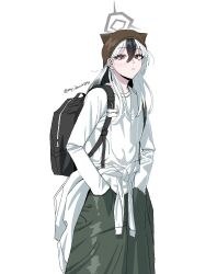 1girl alternate_costume animal_ear_headwear backpack bag baggy_pants beanie black_bag black_hair blue_archive brown_hat commentary english_commentary fake_animal_ears feet_out_of_frame ggm_(my_drawin5670) green_pants hair_down halo hands_in_pockets hat kayoko_(blue_archive) long_hair long_sleeves looking_at_viewer multicolored_hair pants red_eyes shirt simple_background solo standing sweater tied_sweater twitter_username two-tone_hair white_background white_hair white_shirt white_sweater wireless_earphones