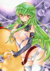 1girl alternate_costume bad_id bad_pixiv_id blush breasts c.c. cheese-kun cleavage code_geass cowboy_shot detached_collar detached_sleeves female_focus geass green_hair highres hugging_doll hugging_object izumo_neko long_hair navel no_nipples nude revealing_clothes short_hair solo thighhighs traditional_media very_long_hair white_thighhighs yellow_eyes