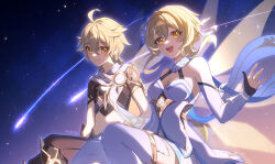 1boy 1girl aether_(genshin_impact) ahoge bare_shoulders blonde_hair breasts brother_and_sister brown_pants brown_shirt cleavage closed_mouth commentary_request crop_top dress genshin_impact hair_ornament hand_up highres long_hair looking_at_viewer lumine_(genshin_impact) medium_breasts open_mouth pants scarf shirt siblings signature smile so_zei_tama_tama teeth thighhighs thighs upper_teeth_only white_dress white_scarf white_thighhighs yellow_eyes