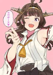 Rule 34 | 1girl, ahoge, armpits, breasts, brown hair, clothing cutout, double bun, fuminomino, hair bun, hairband, headgear, heart, highres, japanese clothes, kantai collection, kongou (kancolle), kongou kai ni (kancolle), long hair, medium breasts, nontraditional miko, one eye closed, open mouth, pink background, purple eyes, ribbon-trimmed sleeves, ribbon trim, shoulder cutout, solo, upper body