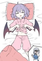 Rule 34 | 2girls, alternate costume, apron, bat wings, braid, breasts, camcorder, camera, closed eyes, collared shirt, commentary request, deetamu, fang, frilled shirt collar, frills, grey hair, head on pillow, highres, holding, holding camera, izayoi sakuya, large breasts, lying, maid, maid headdress, medium hair, midriff peek, multiple girls, navel, neck ribbon, no headwear, on back, open mouth, pajamas, pants, pillow, pink pajamas, pink pants, pink shirt, puffy short sleeves, puffy sleeves, purple hair, remilia scarlet, ribbon, shirt, short sleeves, sleeping, sleepwear, thumbs up, touhou, twin braids, video camera, waist apron, white apron, wings