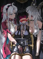 3girls absurdres ahoge arm_strap bare_shoulders bdsm biting biting_ear black_choker black_collar black_dress black_gloves black_hair black_horns black_pants blindfold blush bondage bound bow breasts carlotta_(wuthering_waves) choker closed_mouth collar collarbone colored_inner_hair commentary cross-laced_clothes cross-laced_dress curled_horns dress earrings english_commentary erikvarts female_rover_(wuthering_waves) gagged gloves hair_bow hairband hand_on_another&#039;s_crotch highres horns jacket jewelry large_breasts long_hair looking_at_another mole mole_on_breast multicolored_hair multiple_girls pants parted_bangs pink_bow pink_hairband pink_jacket red_eyes rover_(wuthering_waves) shirt sleeveless sleeveless_dress smile striped_bow torn_clothes torn_shirt white_dress white_hair white_shirt wuthering_waves yuri zani_(wuthering_waves)