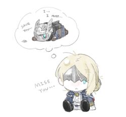 1boy 1girl armor blonde_hair brother_and_sister chibi duchess_(elden_ring) elden_ring elden_ring_nightreign full_body lying mask no48any on_stomach siblings sitting tears white_background wylder_(elden_ring)