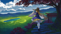 Rule 34 | 1girl, absurdres, alternate hair length, alternate hairstyle, banjie, bell, black shoes, blue sky, brown hat, chinese commentary, cloud, cloudy sky, commentary, day, gensokyo, hair ribbon, hand on headwear, hat, highres, jingle bell, lake suwa, long hair, long sleeves, looking ahead, maple tree, moriya suwako, mountainous horizon, outdoors, pantyhose, purple skirt, purple vest, red ribbon, ribbon, scenery, shirt, shoes, skirt, sky, solo, torii, touhou, tree, tress ribbon, very long hair, vest, white pantyhose, white shirt, wide sleeves