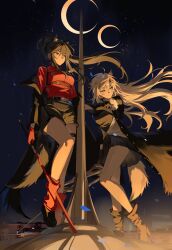 2girls absurdres animal_ears arknights black_dress black_footwear black_hair black_jacket black_shorts boots chest_harness commentary_request dress extra_ears floating_hair full_body gloves grey_eyes grey_hair hair_ornament hairclip harness highres holding holding_weapon jacket lappland_(arknights) lappland_(refined_horrormare)_(arknights) long_hair looking_to_the_side meng_ziya multiple_girls night night_sky official_alternate_costume outdoors red_gloves red_shirt red_socks shirt shorts sidelocks sky smile socks standing tail texas_(arknights) texas_(willpower)_(arknights) weapon wolf_ears wolf_girl wolf_tail yellow_eyes