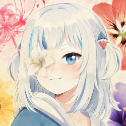 1girl absurdres blue_eyes blue_hair blue_hoodie blush close-up collarbone flower flower_eyepatch gawr_gura gawr_gura_(1st_costume) hair_over_one_eye highres hololive hololive_english hood hoodie medium_hair one_eye_covered purple_flower red_flower smile solo two_side_up virtual_youtuber white_flower yellow_flower yisusjpl