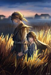 1boy 1girl bandaged_arm bandages black_hair brown_hair dusk highres holding_hands long_hair mansui_(the_hungry_lamb) open_mouth outdoors ponytail rice_(plant) sky smile the_hungry_lamb:_traveling_in_the_late_ming_dynasty umie_(iowae)