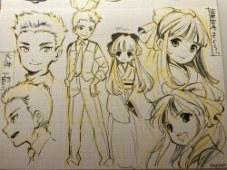 1boy 1girl breasts character_name dated hair_ribbon hand_on_own_hip height_difference highres japanese_clothes japanese_text legs long_skirt looking_at_viewer monochrome multiple_expressions necktie oogami_ichirou open_mouth pants pointy_hair ponytail ribbon sakura_taisen sega shinguuji_sakura sketch skirt small_breasts smile teeth thighs traditional_media
