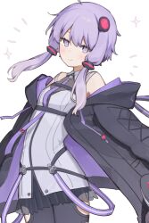 1girl bare_shoulders belt belt_around_waist black_belt black_jacket black_pantyhose breasts chest_belt chest_strap closed_mouth clothing_cutout cowboy_shot dress grey_dress hair_ornament hair_tubes hashtag-only_commentary jacket long_sleeves looking_at_viewer necktie open_clothes open_jacket pantyhose purple_eyes purple_hair purple_necktie see-through_dress_layer shiratakiseaice short_dress short_hair_with_long_locks sidelocks simple_background small_breasts smile solo thigh_cutout tie_clip vocaloid voiceroid white_background yuzuki_yukari yuzuki_yukari_(vocaloid6)