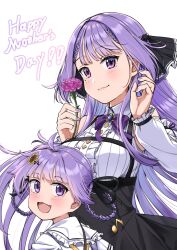 Rule 34 | 2girls, black skirt, bow, bowtie, collared shirt, detached sleeves, english text, flower, highres, indie virtual youtuber, long hair, looking at viewer, mother&#039;s day, mother and daughter, multiple girls, nanbu shu zhi zhu, open mouth, otsuka ray, pink flower, purple bow, purple bowtie, purple eyes, purple hair, purple nails, reika (otsuka ray), shirt, simple background, skirt, sleeveless, sleeveless shirt, virtual youtuber, white background, white shirt, white sleeves