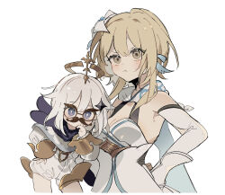 2girls bare_shoulders blonde_hair blush breasts cleavage commentary_request detached_sleeves dress floating flower frown genshin_impact hair_between_eyes hair_flower hair_ornament halo highres long_hair long_sleeves looking_at_viewer lumine_(genshin_impact) multiple_girls note_nii paimon_(genshin_impact) romper short_hair short_hair_with_long_locks sidelocks white_dress white_flower white_hair white_romper yellow_eyes