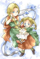 2girls aged_down animal belt bianca_(dq5) blonde_hair blue_eyes blue_flower blush boots borongo bracelet braid brown_boots cape child cloak closed_mouth commentary_request dragon_quest dragon_quest_v dress dual_persona earrings flower full_body great_sabrecub green_cape green_cloak green_dress highres holding holding_animal isa_(chiyo-s) jewelry long_hair looking_at_another looking_at_viewer multiple_girls neck_ribbon open_mouth orange_cape orange_dress ribbon single_braid smile twin_braids twintails
