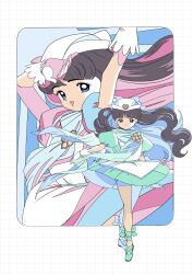 1girl absurdres arms_up ballet_slippers black_hair blue_bow blue_dress blue_eyes blue_hair blue_hat blue_scarf blue_shoes blunt_bangs bow bracelet brooch cardcaptor_sakura closed_mouth colored_inner_hair commentary cosplay daidouji_tomoyo dress edoya_inuhachi floating_hair flower_brooch full_body gloves grid_background hat highres jewelry long_hair looking_at_viewer magical_girl multicolored_hair multiple_views nurse_angel nurse_angel_(cosplay) nurse_angel_ririka_sos nurse_cap open_mouth pink_hair puffy_short_sleeves puffy_sleeves scarf shoes short_sleeves smile solo standing two-tone_hair very_long_hair white_background white_gloves