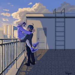 Rule 34 | 2boys, against railing, ahoge, alternate costume, arms around neck, artist name, black hair, black pants, blue sky, blush, brown eyes, building, casual, cloud, converse, danganronpa (series), danganronpa v3: killing harmony, evening, flipped hair, from side, hair between eyes, happy, hashtag-only commentary, highres, jacket, ladder, long sleeves, male focus, medium hair, multiple boys, oma kokichi, on rooftop, open mouth, outdoors, pants, profile, purple eyes, purple hair, purple sweater, railing, rooftop, saihara shuichi, scenery, shoes, short hair, shorts, signature, sky, skyscraper, smile, sneakers, standing, sweater, tehca, white shorts, yaoi