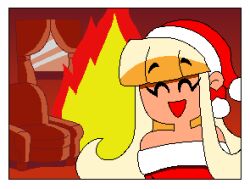 Rule 34 | 1girl, blonde hair, christmas, closed eyes, fiery background, fire, happy, house, lowres, open mouth, original, pizza princess (tinytoxicwaste101), pizza tower, portrait, santa costume, smile, tinytoxicwaste101, toon (style)
