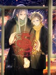 2024 2boys alternate_costume black_coat blonde_hair blue_eyes chinese_new_year chinese_zodiac cloud_strife coat couple final_fantasy final_fantasy_vii fireworks glowing green_eyes green_scarf grey_hair hair_intakes hand_up highres holding_hands langmo30100078 light_smile long_bangs long_hair looking_down male_focus multiple_boys night no_gloves outdoors parted_bangs parted_lips scarf sephiroth short_hair slit_pupils spiked_hair upper_body winter_clothes yaoi year_of_the_snake yellow_eyes