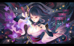 1girl abstract_background armor arms_up blunt_bangs braid bridal_gauntlets closed_mouth commentary english_commentary fan_hair_ornament flower genshin_impact glowing glowing_weapon hair_flower hair_flowing_over hair_ornament holding holding_sword holding_weapon japanese_clothes katana kimono light_particles long_braid looking_down mitsudomoe_(shape) neck_ribbon no_mole off_shoulder plant purple_eyes purple_flower purple_hair purple_kimono raiden_shogun red_lips red_ribbon red_sash ribbon sash shoulder_armor single_braid solo standing sword tomoe_(symbol) upper_body valtear weapon wide_sleeves