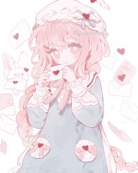 1girl bow braid dress envelope frills hair_ornament hat highres holding holding_envelope letter long_sleeves love_letter memuro mob_cap original pink_bow pink_eyes pink_hair puffy_sleeves rabbit ribbon white_background