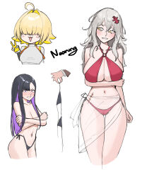 3girls alternate_costume bikini colored_inner_hair elegg_(nikke) eunhwa_(nikke) goddess_of_victory:_nikke highres long_hair multicolored_hair multiple_girls navel noorung o-ring o-ring_top red_bikini scar scar_on_hip signature simple_background swimsuit white_background yulha_(nikke)