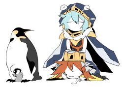 2others bird blue_hair blue_helmet closed_eyes closed_mouth colored_skin commentary crown english_commentary helmet len&#039;en light_blue_hair ling_s long_sleeves moritake_medias multiple_others no_eyes no_mouth no_nose ooya_kunimitsu other_focus penguin red_hair shirt short_hair simple_background sketch white_background white_skin yellow_shirt