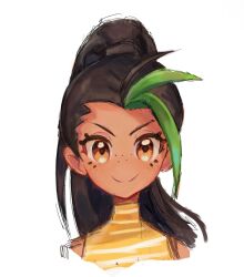 1girl black_hair closed_mouth constarlations dark-skinned_female dark_skin eyelashes freckles green_hair highres long_hair looking_at_viewer multicolored_hair nemona_(pokemon) nintendo orange_eyes pokemon pokemon_sv ponytail smile solo two-tone_hair upper_body white_background