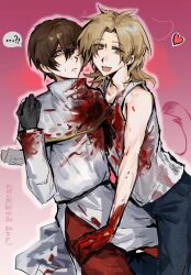 Rule 34 | !?, ..., 2boys, alternate eye color, animal ears, belt, black belt, black gloves, black pants, blood, blood on arm, blood on clothes, blood on hands, brown eyes, brown hair, capelet, chinese commentary, chinese text, closed mouth, coat, commentary request, curtained hair, dog ears, dog tail, drawn ears, drawn tail, fang, frown, gloves, gold trim, hair between eyes, hand on another&#039;s leg, hand up, heart, highres, hongyan biaozi chu, jabuchi you, long sleeves, male focus, medium hair, multiple boys, open mouth, pants, parted bangs, pink background, red eyes, red pants, saibou shinkyoku, shinano eiji, short hair, sitting, smile, speech bubble, spoilers, spoken ellipsis, spoken interrobang, sweat, tail, tank top, white capelet, white coat, white tank top, yaoi