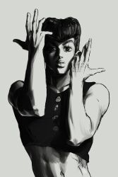1boy abs black_hair crop_top diamond_wa_kudakenai eyelashes fingernails higashikata_josuke highres jojo_no_kimyou_na_bouken male_focus midriff monochrome navel nose parody parted_lips pompadour prince_(musician) santamanymany solo thick_lips