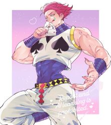 1boy :p bracelet card club_(shape) crop_top earrings facial_mark fingernails hair_slicked_back heart heart_earrings highres hisoka_morow holding holding_card hunter_x_hunter jewelry kyuu_(kyu_717) licking_lips male_focus muscular muscular_male pants playing_card_theme red_hair sharp_fingernails simple_background smile solo spade_(shape) star_(symbol) star_facial_mark teardrop_facial_mark tongue tongue_out white_pants yellow_eyes