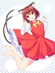 1girl animal_ear_fluff animal_ears bad_feet barefoot bow bowtie brown_eyes brown_hair cat_ears cat_tail chen claw_pose dress earrings gold_trim hands_up highres jewelry looking_at_viewer multiple_tails nail_polish nekomata no_headwear red_dress red_nails sabana short_hair single_earring solo tail touhou two_tails yellow_bow yellow_bowtie