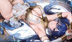 1girl ancient_greek_clothes armlet armpits arms_up bare_shoulders blue_eyes blue_hair blush breasts character_name cleavage greco-roman_clothes highres iuno_(wuthering_waves) jewelry large_breasts long_hair looking_at_viewer lying on_back parted_lips re0n sideboob smile solo thighlet thighs twintails wuthering_waves