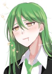 1boy @_@ black_coat blush brown_eyes coat collared_shirt drunk formal_clothes green_hair green_necktie hair_between_eyes highres kyouka_tori lobotomy_corporation long_hair looking_at_viewer necktie netzach_(project_moon) portrait project_moon shirt solo suit white_background white_shirt
