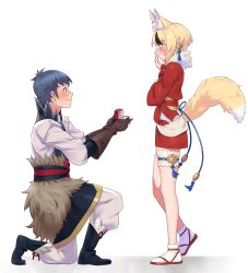 1boy 1girl absurdres animal_ears blonde_hair blue_hair blush engagement_ring fire_emblem fire_emblem_fates fox_ears fox_girl fox_tail highres igni_tion kiragi_(fire_emblem) nintendo marriage_proposal selkie_(fire_emblem) tail
