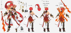 1girl armor bikini_tan breasts cleavage closed_mouth commentary concept_art dark-skinned_female dark_skin from_behind high_ponytail highres homura_(senran_kagura) japanese_armor japanese_clothes katana large_breasts multiple_swords multiple_views official_alternate_costume official_alternate_hairstyle official_art ponytail red_eyes red_hair senran_kagura senran_kagura_new_link smile solo sword tan tanline weapon yaegashi_nan