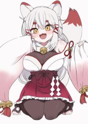 1girl animal_ears black_bodysuit body_freckles bodysuit bow breasts commission fang fox_ears fox_girl fox_tail freckles frills fur_collar gohei hair_between_eyes hair_bow hair_ornament hair_ribbon indie_virtual_youtuber japanese_clothes kagari_kitsune kneeling large_breasts long_hair long_sleeves messy_hair multicolored_hair nontraditional_miko pink_hair red_ribbon ribbon sidelocks skeb_commission skirt sleeves_past_fingers sleeves_past_wrists slit_pupils smile tail white_background white_hair yellow_eyes