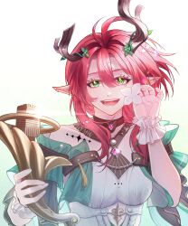 1girl absurdres breasts chinese_commentary ciaccona_(wuthering_waves) commentary_request frilled_wrist_cuffs frills gradient_background green_eyes hair_between_eyes hand_up highres holding holding_microphone_stand lanse_chanming looking_at_viewer medium_breasts microphone_stand open_mouth pointy_ears smile solo tacet_mark_(wuthering_waves) tree_horns upper_body white_wrist_cuffs wrist_cuffs wuthering_waves